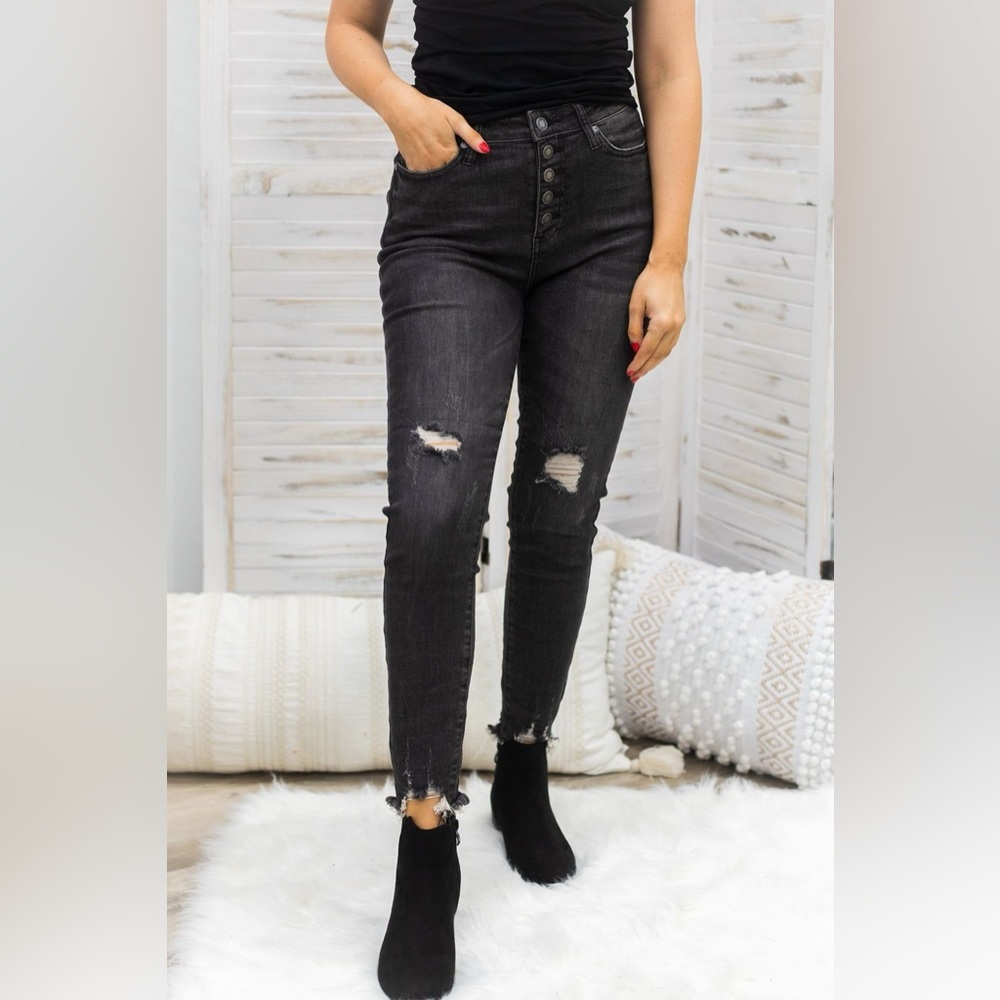 Judy Blue Black Distressed Button Fly Skinny Jeans Size 5/27